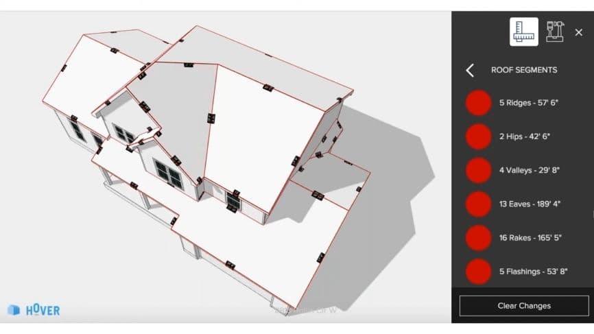 3D house roof segments with red measurement highlights
