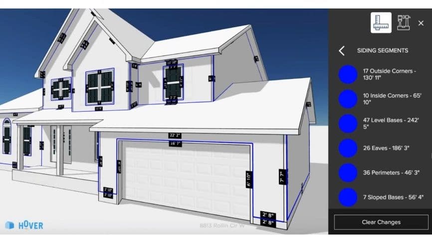 3D model of white two-story house with siding measurements