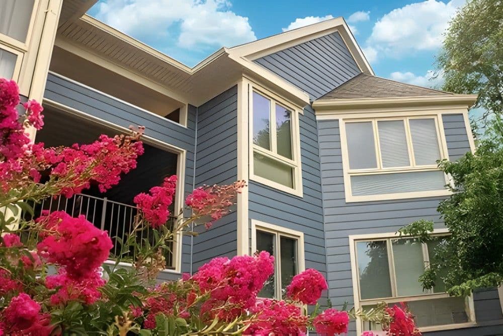 Blue home exterior with gray siding, white trim, and pink flowering shrubs