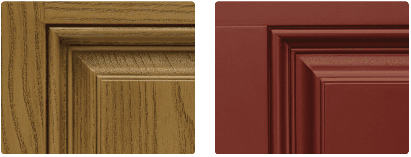 Close-up of two door panels, one with oak wood grain texture and the other with solid burgundy finish