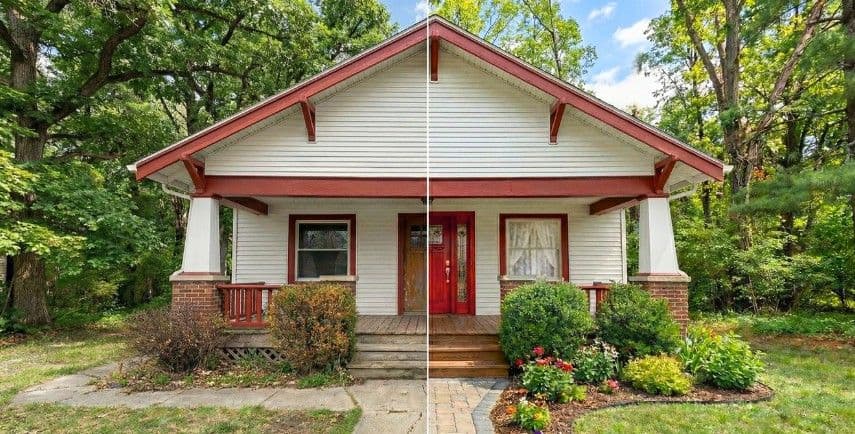 Craftsman bungalow curb appeal transformation featuring vibrant red door