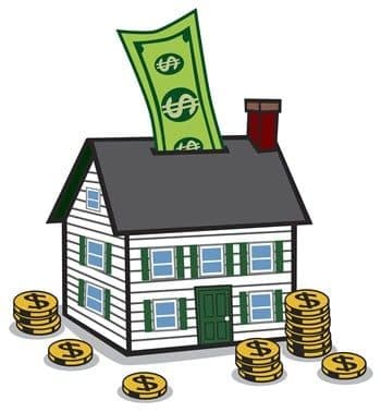 a house with money coming out of the roof.