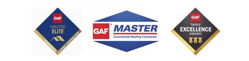 GAF Master Elite, Master Commercial, and Triple Excellence Award badges
