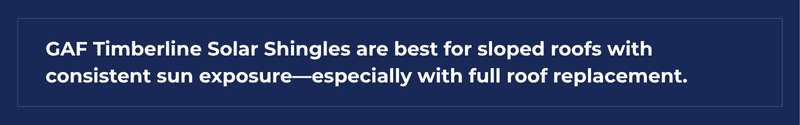 GAF Timberline Solar Shingles text on blue background for sloped roofs with sun exposure and full roof replacement