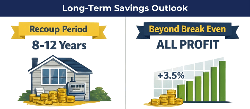 Long-term savings outlook: 8-12 year recoup, all profit beyond break-even