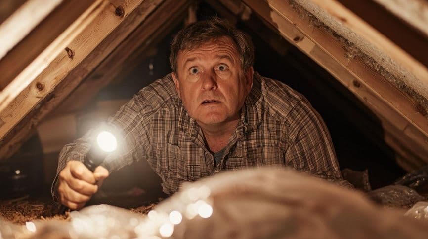 Man with flashlight in dark attic with wooden beams