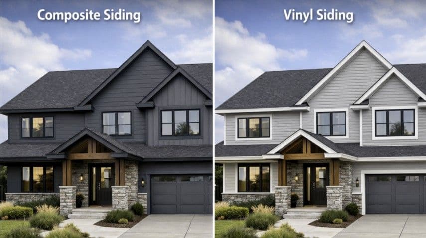 Side-by-side comparison of composite siding vs vinyl siding on home