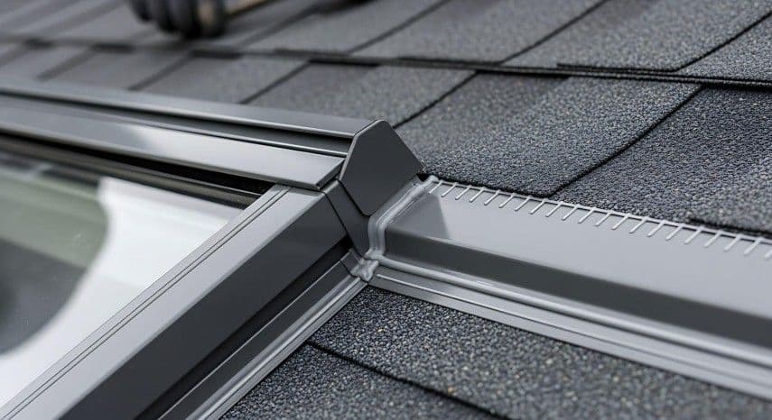 Skylight flashing detail on asphalt shingle roof close-up